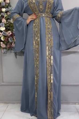  Grey Moroccan Kaftan with Heavy Golden Embroidery & Flared Sleeves