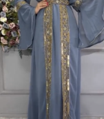  Grey Moroccan Kaftan with Heavy Golden Embroidery & Flared Sleeves