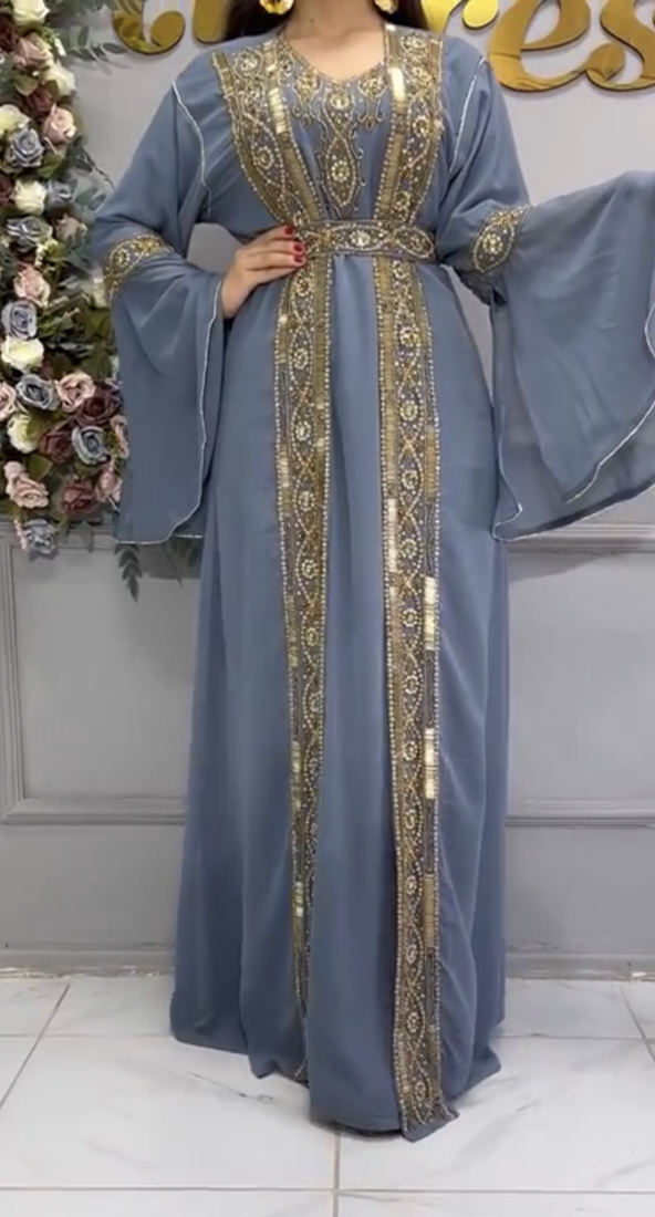  Grey Moroccan Kaftan with Heavy Golden Embroidery & Flared Sleeves