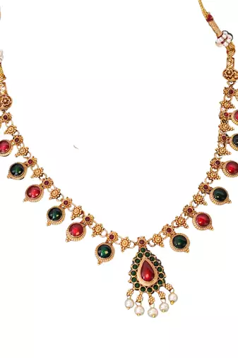 Traditional multi-stone temple necklace set with jhumka earrings