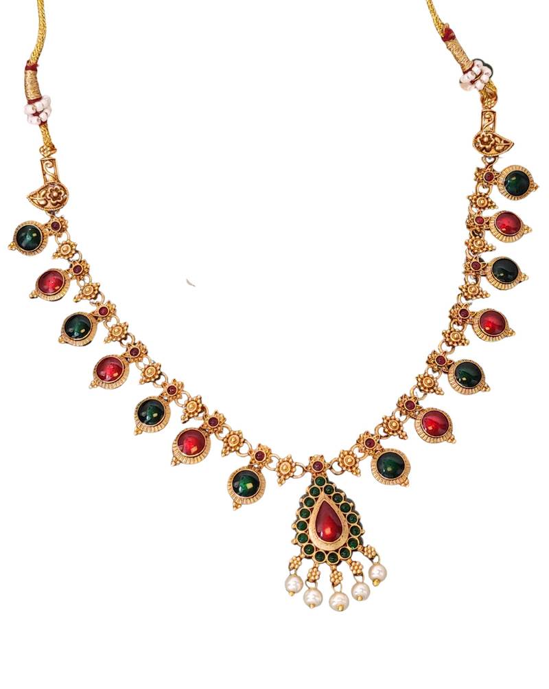 Traditional multi-stone temple necklace set with jhumka earrings