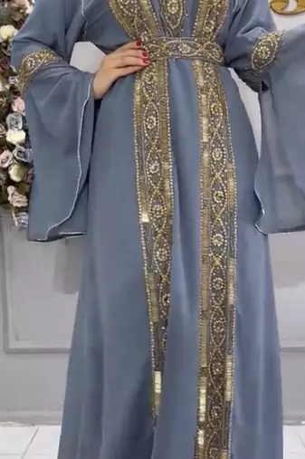  Grey Moroccan Kaftan with Heavy Golden Embroidery & Flared Sleeves