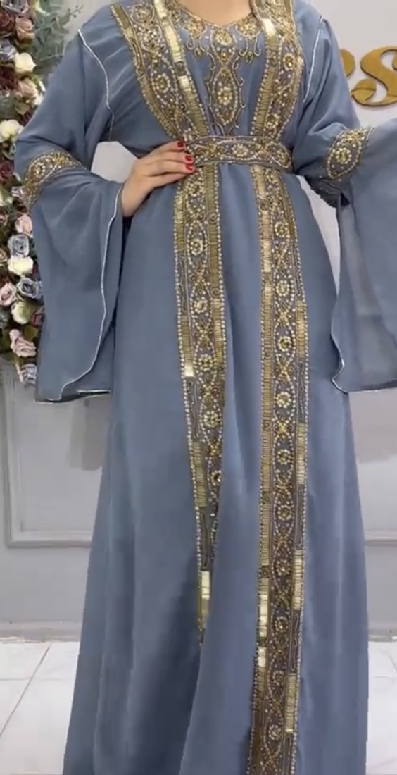  Grey Moroccan Kaftan with Heavy Golden Embroidery & Flared Sleeves