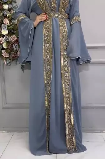  Grey Moroccan Kaftan with Heavy Golden Embroidery & Flared Sleeves