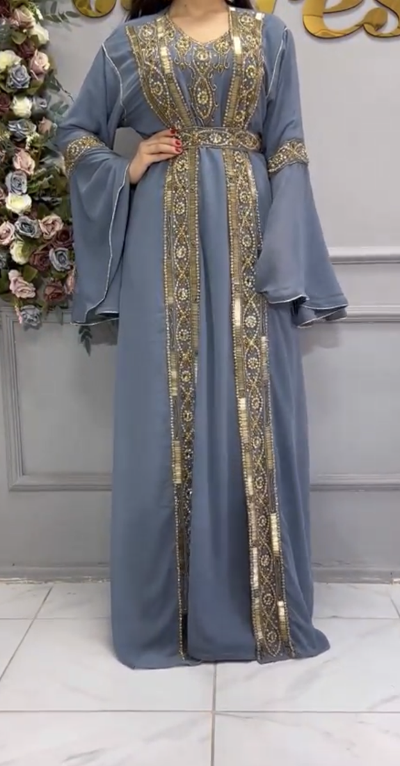  Grey Moroccan Kaftan with Heavy Golden Embroidery & Flared Sleeves