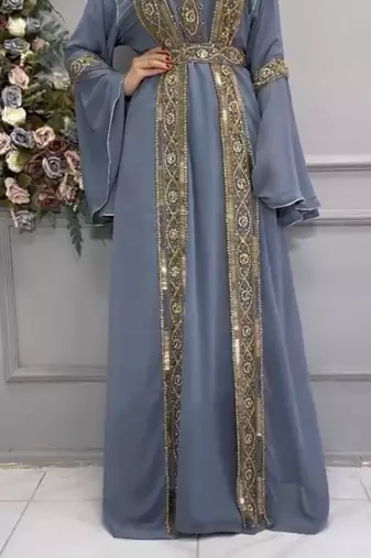  Grey Moroccan Kaftan with Heavy Golden Embroidery & Flared Sleeves