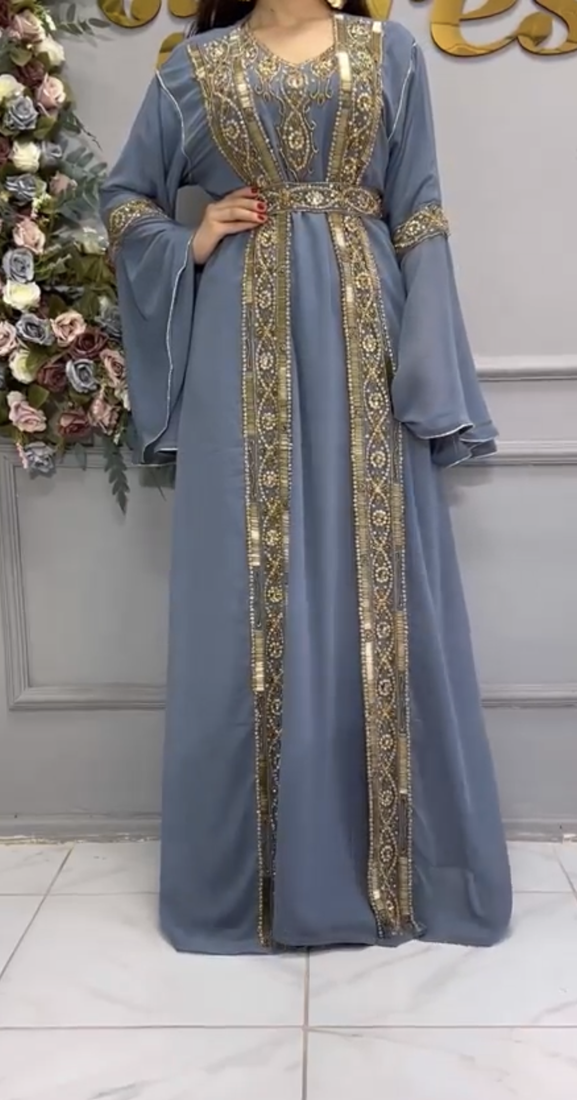  Grey Moroccan Kaftan with Heavy Golden Embroidery & Flared Sleeves