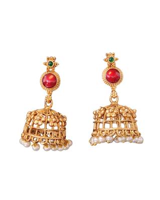 Traditional multi-stone temple necklace set with jhumka earrings 4
