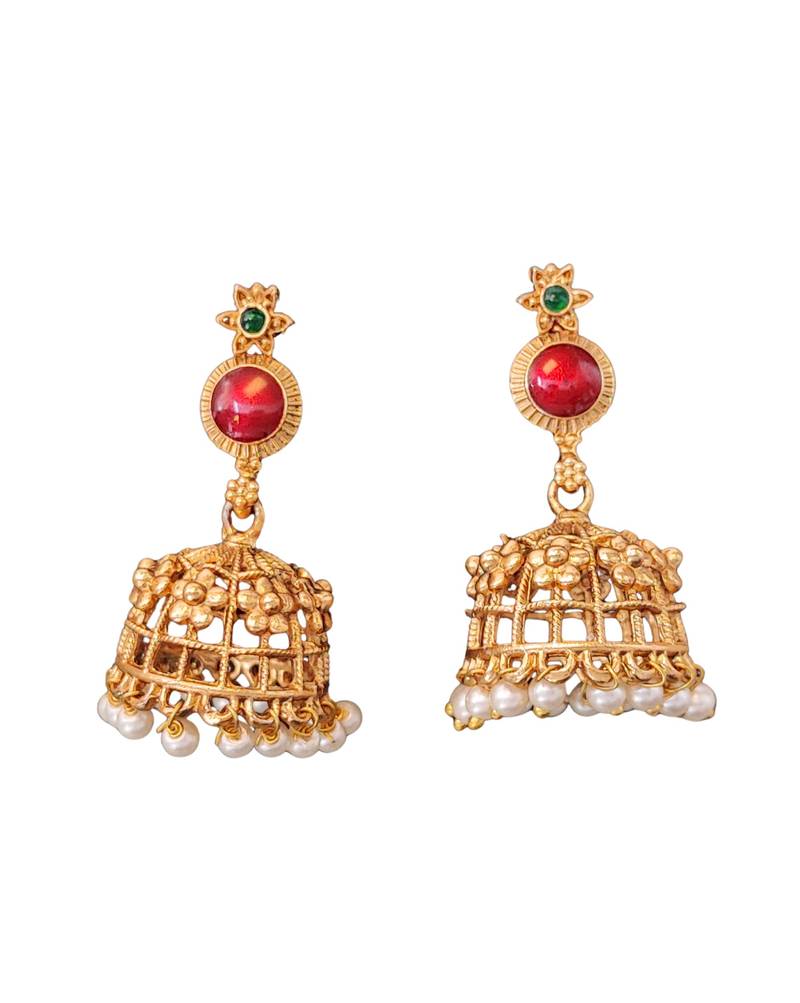 Traditional multi-stone temple necklace set with jhumka earrings