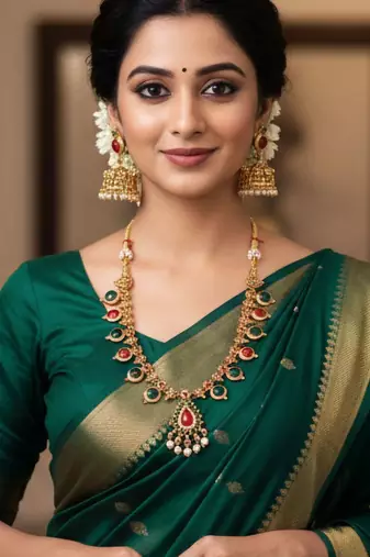 Traditional multi-stone temple necklace set with jhumka earrings