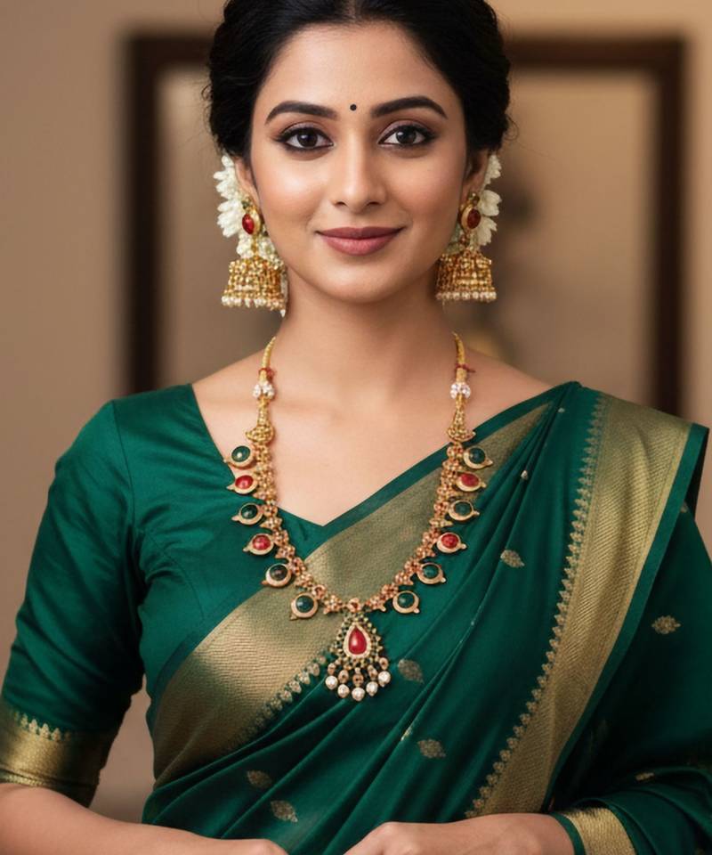 Traditional multi-stone temple necklace set with jhumka earrings