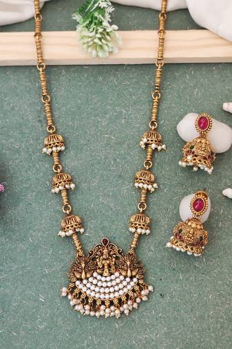Bridal temple style long necklace with pearl jhumka earrings