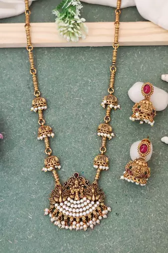Bridal temple style long necklace with pearl jhumka earrings