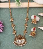 Bridal temple style long necklace with pearl jhumka earrings
