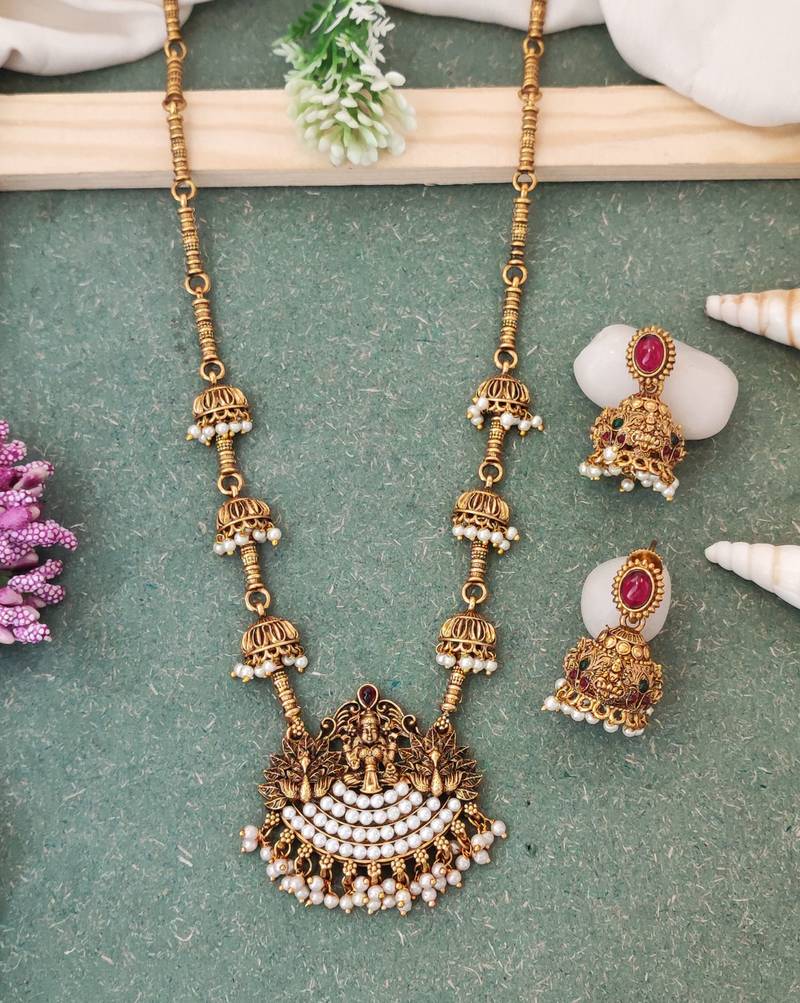 Bridal temple style long necklace with pearl jhumka earrings