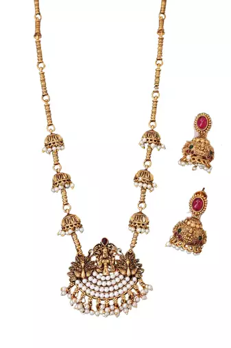 Bridal temple style long necklace with pearl jhumka earrings