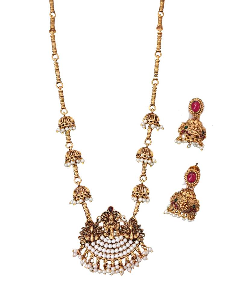Bridal temple style long necklace with pearl jhumka earrings
