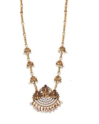 Bridal temple style long necklace with pearl jhumka earrings 3