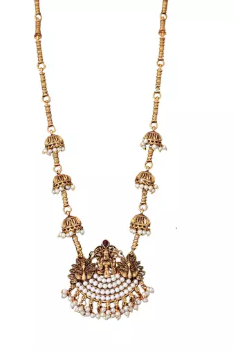 Bridal temple style long necklace with pearl jhumka earrings