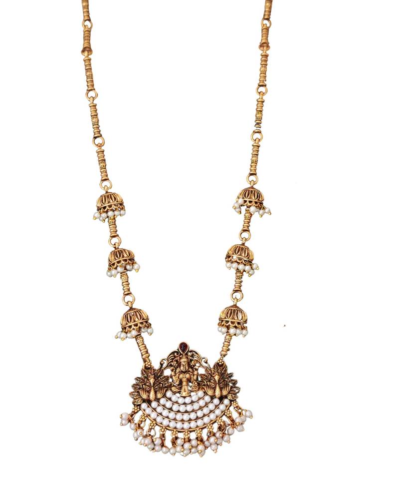 Bridal temple style long necklace with pearl jhumka earrings