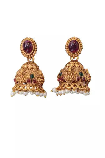 Bridal temple style long necklace with pearl jhumka earrings