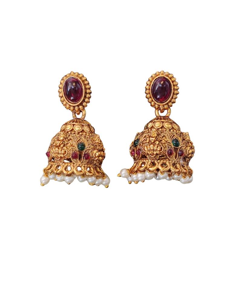 Bridal temple style long necklace with pearl jhumka earrings