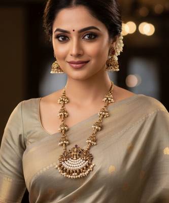 Bridal temple style long necklace with pearl jhumka earrings 5