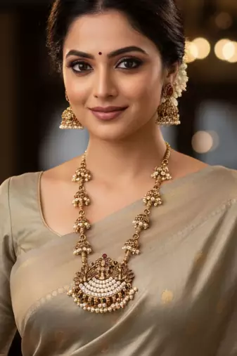 Bridal temple style long necklace with pearl jhumka earrings
