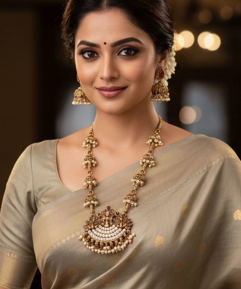 Bridal temple style long necklace with pearl jhumka earrings