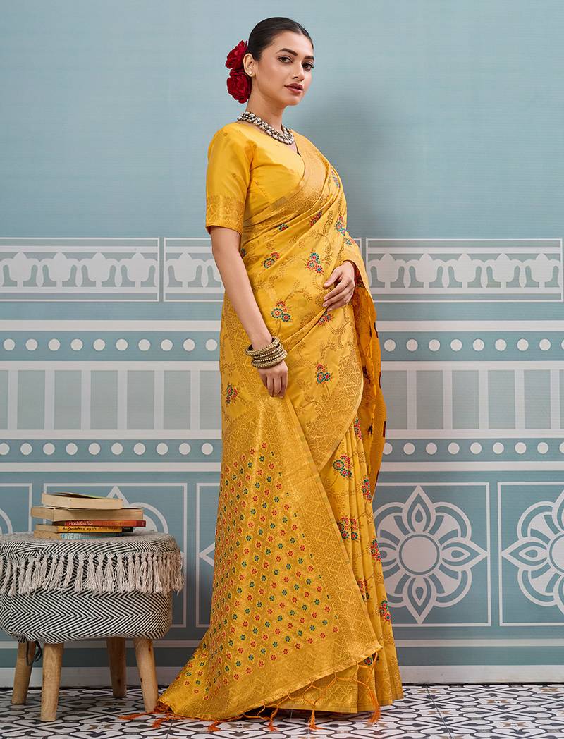 yellow color girlie woven designer ethnic saree