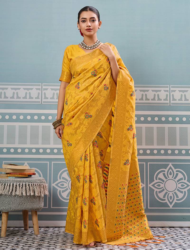 yellow color girlie woven designer ethnic saree