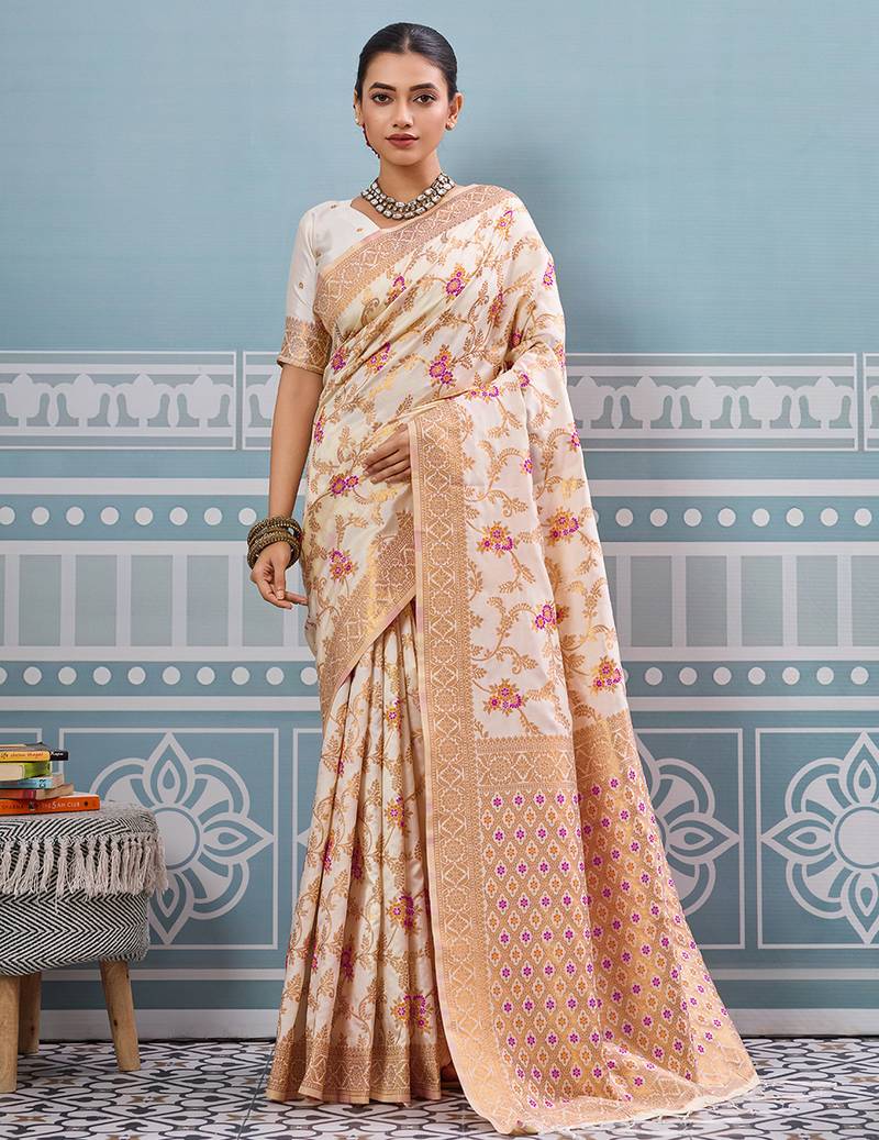 cream color girlie woven designer ethnic saree