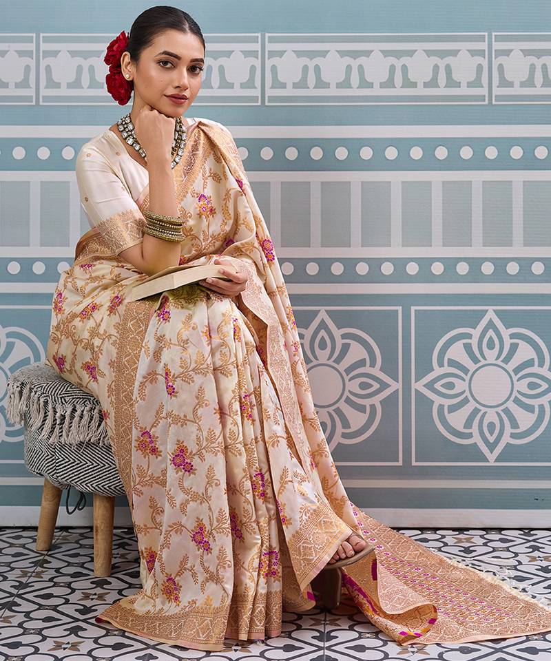 cream color girlie woven designer ethnic saree
