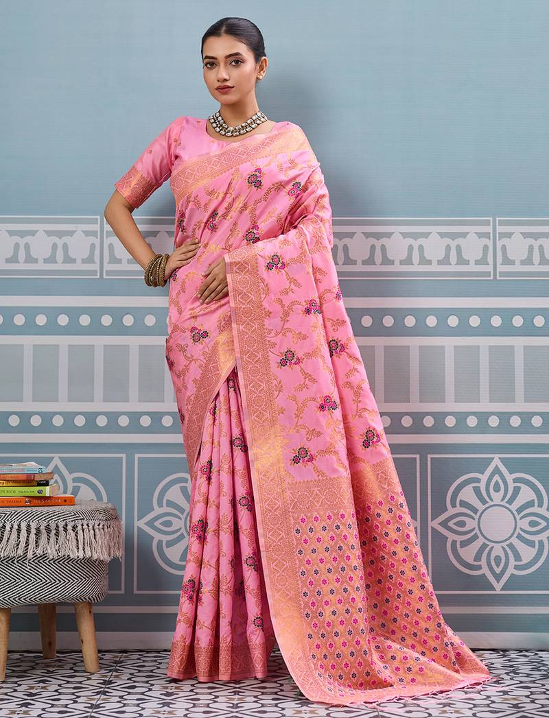 light pink color girlie woven designer ethnic saree