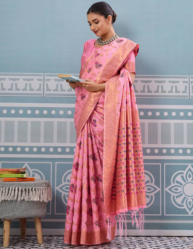 light pink color girlie woven designer ethnic saree