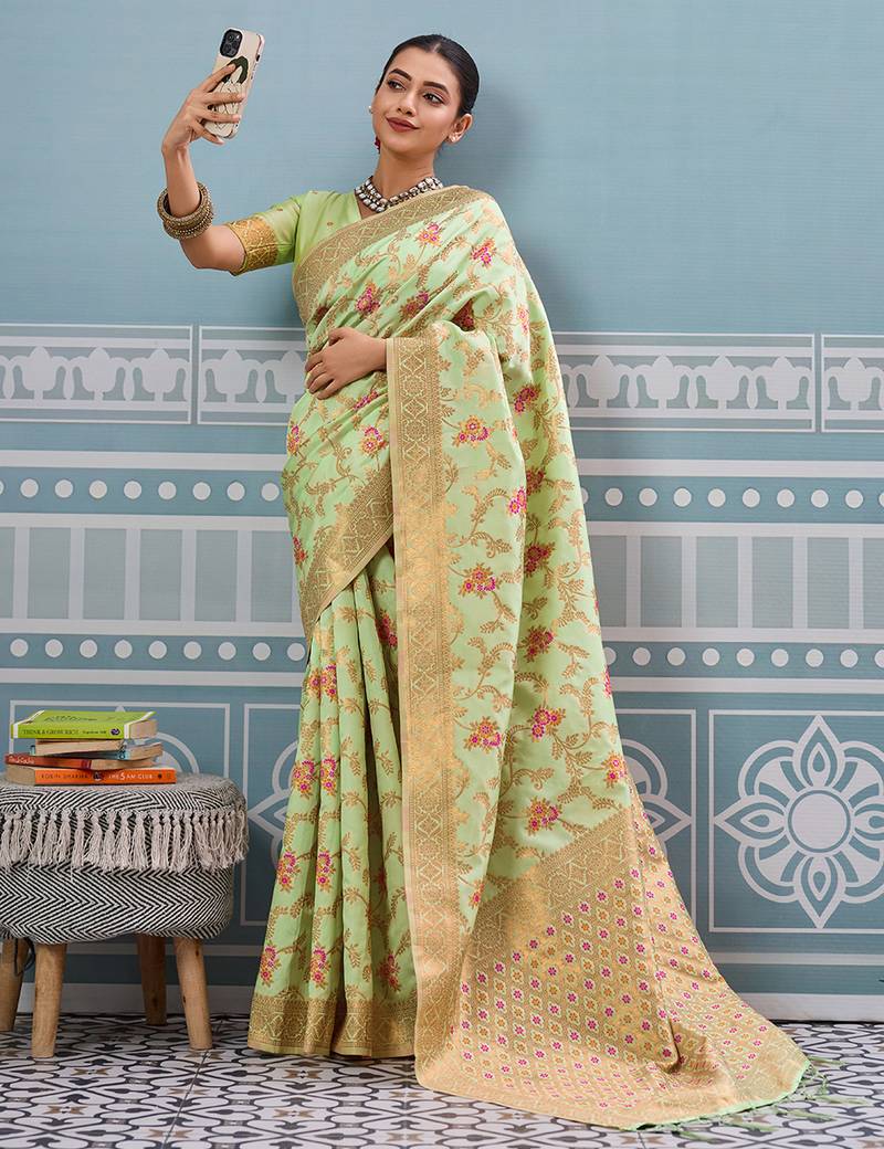 sea green color girlie woven designer ethnic saree
