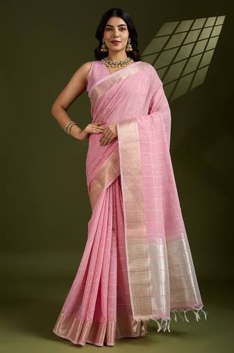 pink color tissue linen art silk weaving checks designer graceful trendy saree
