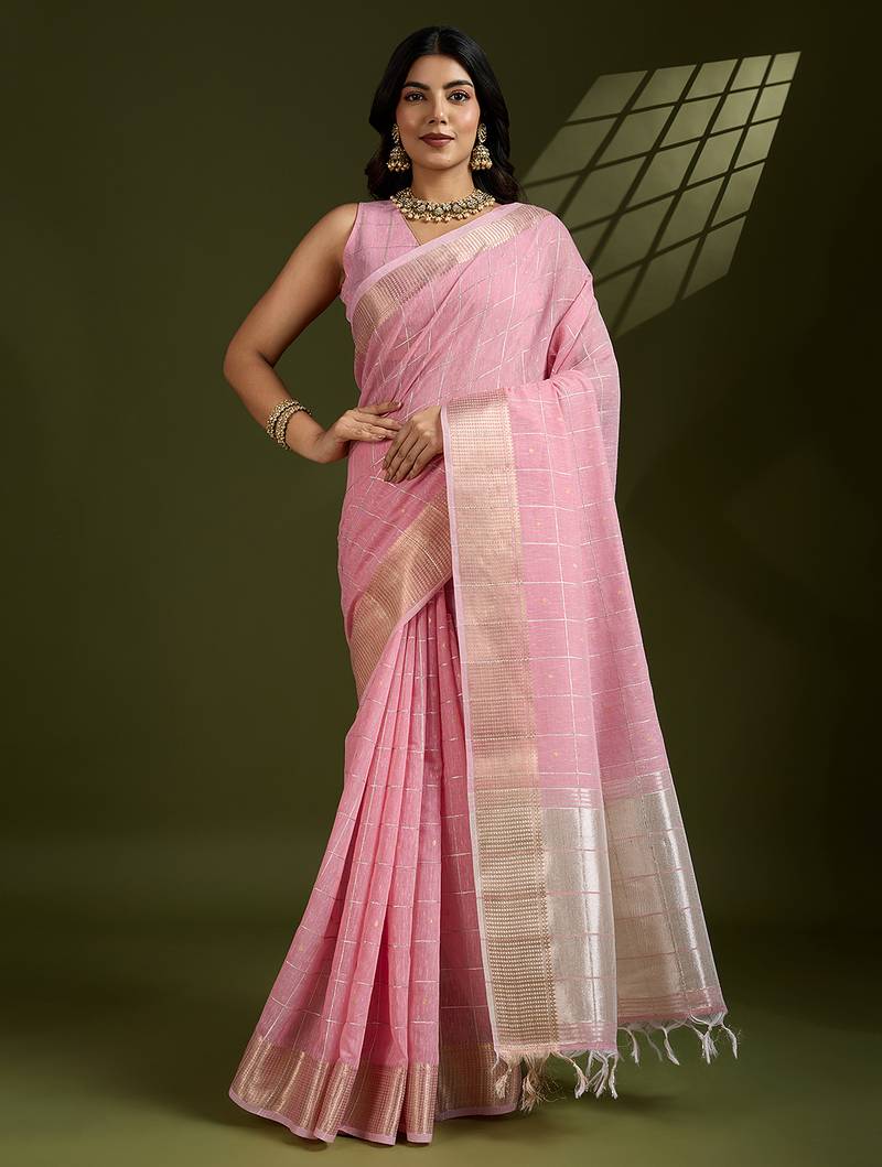 pink color tissue linen art silk weaving checks designer graceful trendy saree