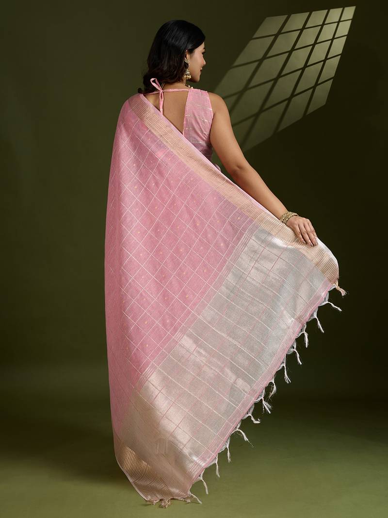 pink color tissue linen art silk weaving checks designer graceful trendy saree