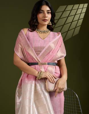 pink tissue linen art silk blend weaving checks graceful trendy saree 3