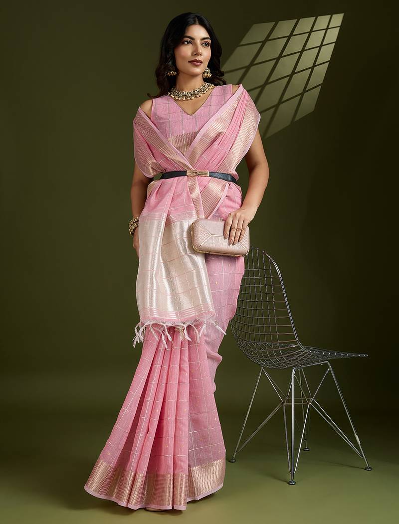 pink color tissue linen art silk weaving checks designer graceful trendy saree