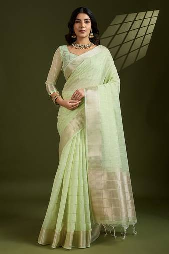 pista color tissue linen art silk weaving checks designer graceful trendy saree