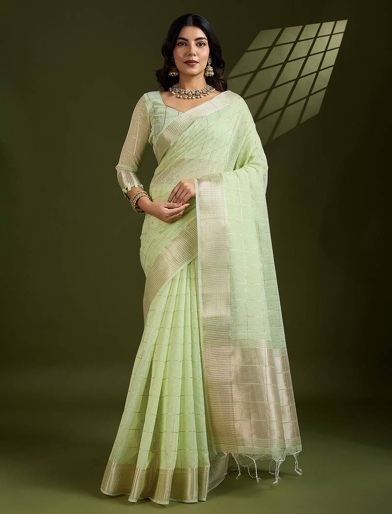 pista color tissue linen art silk weaving checks designer graceful trendy saree
