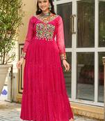 Pink Faux Georgette Kutchi Gamthi Printed Gown for Women | Semi Stitched Traditional & Festive Wear Gown