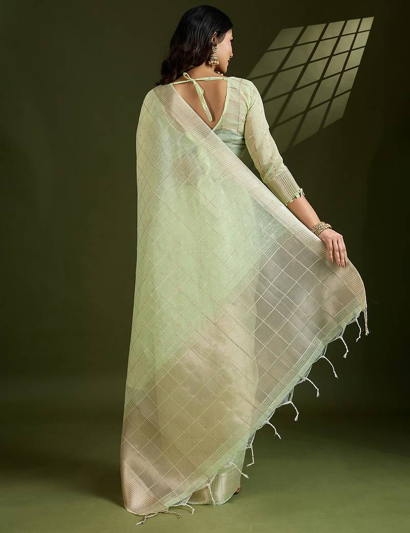pista color tissue linen art silk weaving checks designer graceful trendy saree
