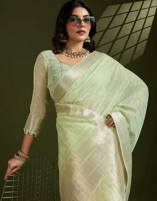 pista tissue linen art silk blend weaving checks graceful trendy saree 3