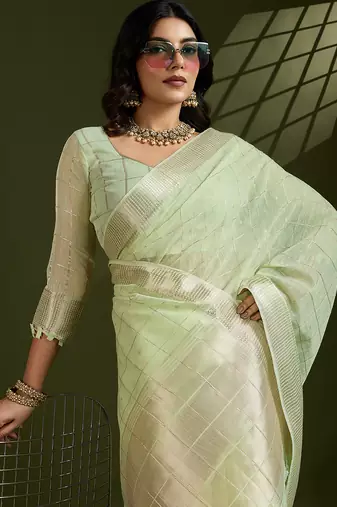 pista tissue linen art silk blend weaving checks graceful trendy saree
