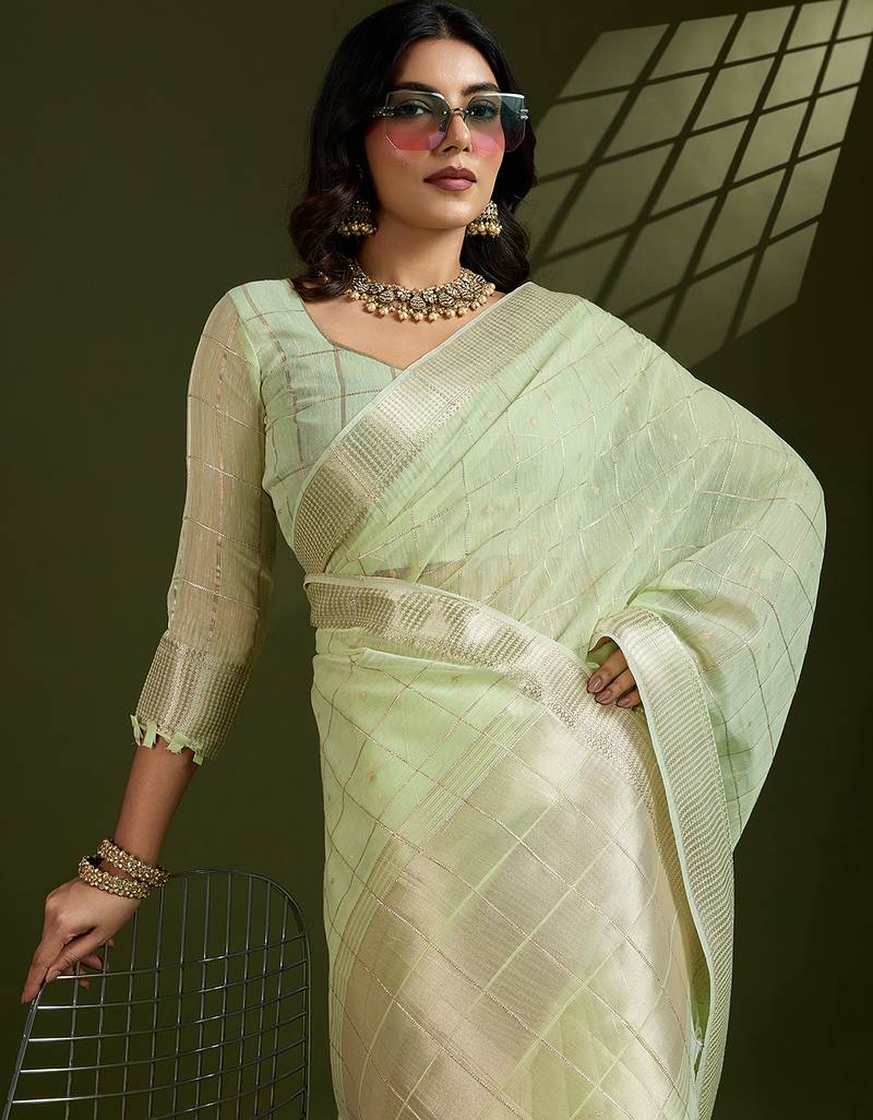 pista color tissue linen art silk weaving checks designer graceful trendy saree