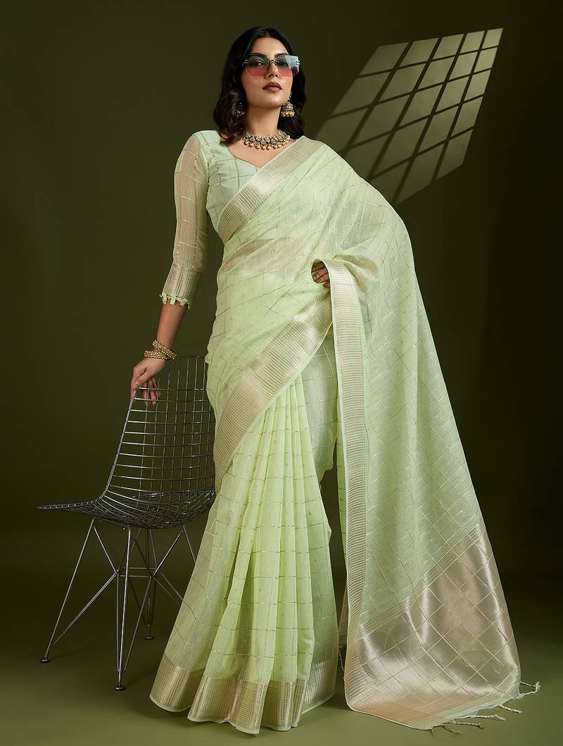 pista color tissue linen art silk weaving checks designer graceful trendy saree