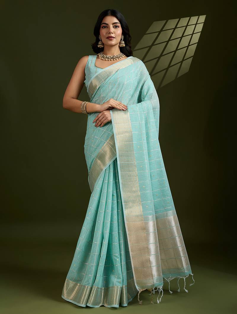 sea green color tissue linen art silk weaving checks designer graceful trendy saree